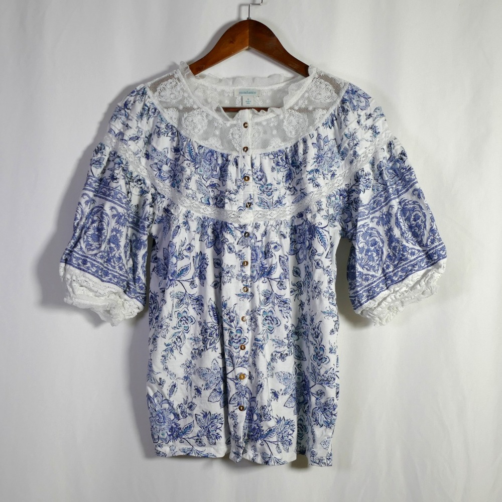 Sundance Cottagecore Puff Sleeve Button Up Prairie Top Size S Floral Lace Dainty